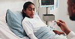 Hand, doctor and kid at hospital with thermometer, fever symptoms and high temperature of illness. Pediatrician, checkup and overheating child in bed with influenza, assessment and weak immune system