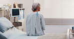 Healthcare, thinking and senior woman on hospital bed for  recovery hope, cancer diagnosis and back. ICU ward, sick patient and elderly person with rehabilitation, deep thoughts or terminal illness