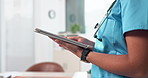 Hands, surgeon and reading in office with tablet, research and email referral for surgery results. Person, walk and typing in hospital with tech, medical report and telehealth for healthcare services