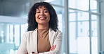 Business, face or woman in firm with arms crossed, banking advisor or about us in finance industry. Happy, portrait or wealth consultant with pride, asset manager or confidence as investment planner.