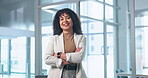 Business, face or woman in office with arms crossed, banking advisor or about us in finance industry. Happy, flare or wealth consultant with pride, asset manager or confidence as investment planner.