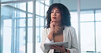 Thinking, employee and woman with tablet in office, publicist or planning for media pitch on website. PR manager, reflection and business person with technology, online and campaign strategy on app