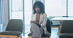Business, woman and reading in waiting room with phone, research and application for interview. Person, candidate and scroll in office with mobile, online survey and registration form for recruitment
