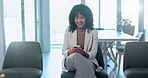 Smile, business and woman in waiting room with phone, research and application for job interview. Person, candidate and laugh in office with mobile, online survey and onboarding form for recruitment