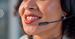Mouth, consultant and happy woman with headset in office for virtual assistance or online advice. Closeup, female person or friendly agent or talking with mic for remote help or support in workplace