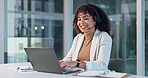 Business, consultant and happy woman with laptop in office for virtual assistance or online advice. Female person, friendly agent or talking with headset on computer for help or support in workplace