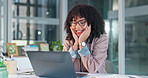 Business, laptop and happy woman in office for accounting, online finance or profit investment. Female person, accountant or smile with computer for financial success or revenue report in workplace