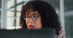 Review, laptop or woman in office with glasses, client proposal or research on funding report. Reading, eyewear or finance advisor with tech, portfolio management or assessment of investment strategy