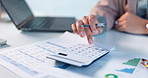 Woman, hands or accountant with calculator for financial planning, project budget or business audit. Female person, accounting or documents with laptop or calculation for finance report in office