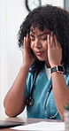Nurse, woman and headache in hospital with laptop, burnout and fatigue from medical research report. Tired, healthcare worker and stress in clinic with computer glitch, migraine and administration.