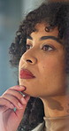 Business, woman and thinking with idea in office for schedule planning, tasks or company agenda. Thoughtful, female person or contemplation with solution for brainstorming options, choice or decision
