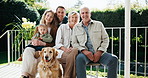 Smile, dog and portrait of big family on porch for support, bonding and connection together. Happiness, generations and love with grandparents, children and parents in home for weekend break and pet