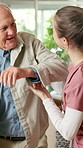 Help, walking stick and nurse with senior man in home for medical support, assistance or checkup. Get up, wood cane and caregiver with elderly patient in retirement for guidance or healthcare service