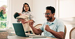 Laptop, fist pump and businessman in home with remote work for web development with freelance. Excited, family and software engineer with computer for email feedback frontend project in apartment.