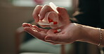Healthcare, pills and hands with antibiotics in home, prescription or medical medicine for recovery. Wellness, treatment and person with tablets, pharmaceutical drugs and healing with supplements