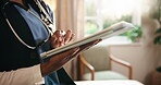 Healthcare, caregiver and hands with tablet in nursing home, research or patient records on website. Medical professional, online and person with technology for treatment plan and assisted living