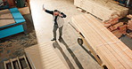 Dance, man and carpenter with tablet in workshop with good news on artisan project order. Digital technology, fun and mature woodworker with groove for finished furniture manufacturing in factory.