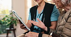 Caregiver, tablet and consultation for old woman, hands and explaining healthcare update on website. Assisted living, nurse and chat with senior person, online and review medical diagnosis with tech
