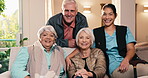 Nurse, happy and face of old people on sofa in house for bonding, elderly care and connection. Smile, retirement home and volunteer with senior friends and caregiver in living room for support