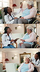 Conversation, nurse and senior woman in wheelchair for healthcare, medical feedback or update. Caregiver, old person with disability and series in retirement home for rehabilitation or support