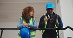 Architect, discussion and people with tablet, stairs or planning for property development on website. Civil engineering, digital blueprint and colleagues with technology, inspection and collaboration