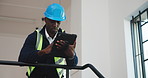 Construction site, engineering and black man with tablet for online schedule, renovation or inspection. Person, architecture and employee with urban development, connection and tech for building plan