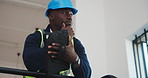 Construction site, engineering and black man with tablet for thinking, renovation or inspection. Person, architecture and employee with urban development, connection and tech for building plan