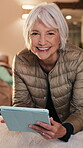Face, old woman and happy with tablet in retirement home for ebook, web novel or blog post. Digital library, elderly person and smile with tech in house for chapter release, reading app and streaming
