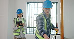 Maintenance, team and tablet in building with measurement, renovation planning or design update. Man, woman and construction workers with technology for remodeling, project management or productivity