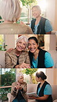 Nurse, tablet and face with old woman on sofa for medical advice, support and nursing schedule. Online patient check, Healthcare and montage with caregiver and senior person in living room in home