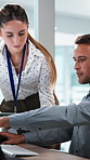 Business, team and discussion in office with computer, personal assistant and update online calendar. Manager, executive secretary and people talk in workplace with tech, admin and planning schedule.