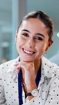 Face, finance and smile with business woman in office for accounting, online report or review. Investment, planning and trading with happy employee at work on pc for financial or risk management