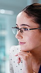 Computer, glasses and reading with business woman in office for accounting, report or review. Idea, planning and thinking with happy employee at work on pc for finance research, schedule or solution