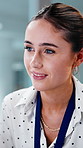 Reading, smile and typing with business woman in office for accounting report or information review. Computer, investment and planning with happy employee at work for financial research or solution