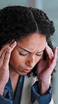 Tired, businesswoman and headache in office with stress, lawyer mistake and problem for court case. Attorney, person and migraine in law firm for legal error, lawsuit challenge and reputation risk.