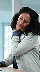 Business, woman and tired in office with neck pain, bad posture or burnout from paralegal job stress. Exhausted, person or lawyer in workplace with fatigue, muscle inflammation or massage for relief.