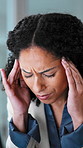 Businesswoman, crisis and headache in office with stress, lawyer and burnout from litigation error. Attorney, person and migraine in firm for legal mistake, court case loss or law compliance problem.