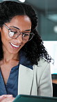 Financial planning, smile and businesswoman with tablet in office, research or reading with glasses. Eyewear, reflection and African person with tech for graphs, wealth manager and happy in business