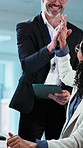 Business, people and high five in office with tablet, computer and success for financial investment. Happy, team and celebration in workplace with tech, funding offer and acceptance of finance deal.