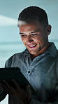 Financial planning, smile and businessman with tablet at night, reading and research info in office. Wealth manager, thinking and happy person with tech, risk assessment and working late in business