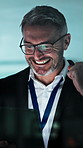 Excited, online and businessman with tablet at night, positive feedback and financial growth on web. Wealth manager, success and mature person with technology, happiness and working late in business