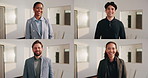 Happy, collage and face of business people in office with confidence for finance career growth. Smile, composite and portrait of financial advisors with pride for about us or job opportunity.