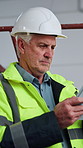 Tablet, scaffolding and construction worker in office for research on maintenance, repairs or building. Digital technology, man and mature civil engineer with email feedback on property development.