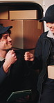 Delivery, face and fist bump with people in van for logistics, shipping industry and package shipment. Collaboration, cargo supply chain and courier with man and woman in vehicle for export and order