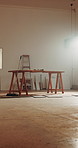 Building, vacant or remodeling with table, construction site or development in structure improvement. Project, flare or refurbishment with repair progress, maintenance or renovation of infrastructure