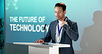 Businessman, presentation and scared in seminar with anxiety, event and emerging technology speech. Nervous, person or public speaking fear in conference with worry, stress or future of IT convention