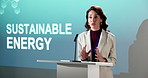 Woman, seminar and podium with speech for sustainable energy or eco friendly campaign launch. Female person, speaker or environmentalist talking for presentation or natural business development