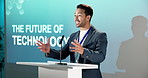 Businessman, presentation and talk in conference with projector, event or emerging technology speech. Happy, person and speaking in seminar with digital transformation, innovation and future of IT.