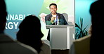 Businessman, presentation and talk in seminar with projector, advice and sustainable energy benefits. Person, workshop and speaking in conference with audience, eco friendly convention and proposal.