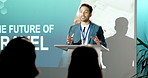 Business, man and speaking at seminar with mic, speech and coaching event for future of travel. Person, presenter and audience at conference for presentation, tourism innovation and ai transportation